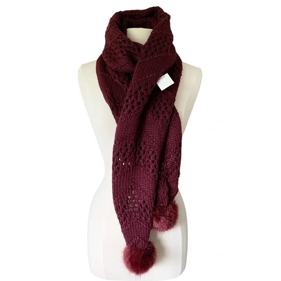 MixIt Maroon Acrylic Knit Scarf with Faux Fur Pompoms - Picture 4 of 7